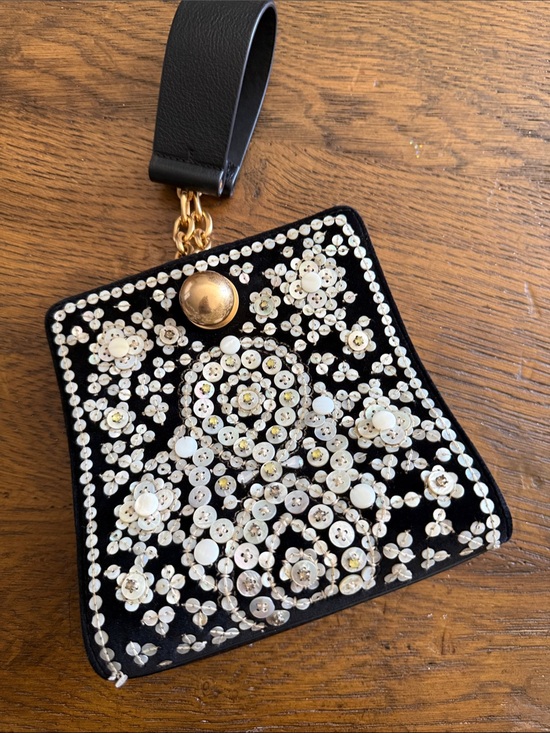 Tory Burch Handbags - Tory Burch Black Embellished Wristlet Clutch with White Sequin Floral Detail